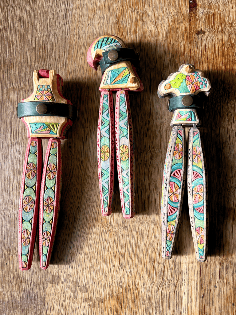 Vibrant woodworking tools rests with geometric designs